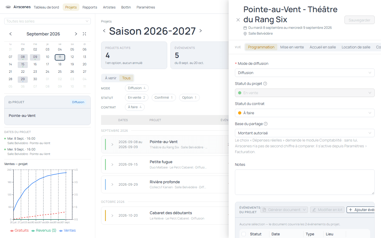 Fiche de projet avec statut du contrat et génération de documents